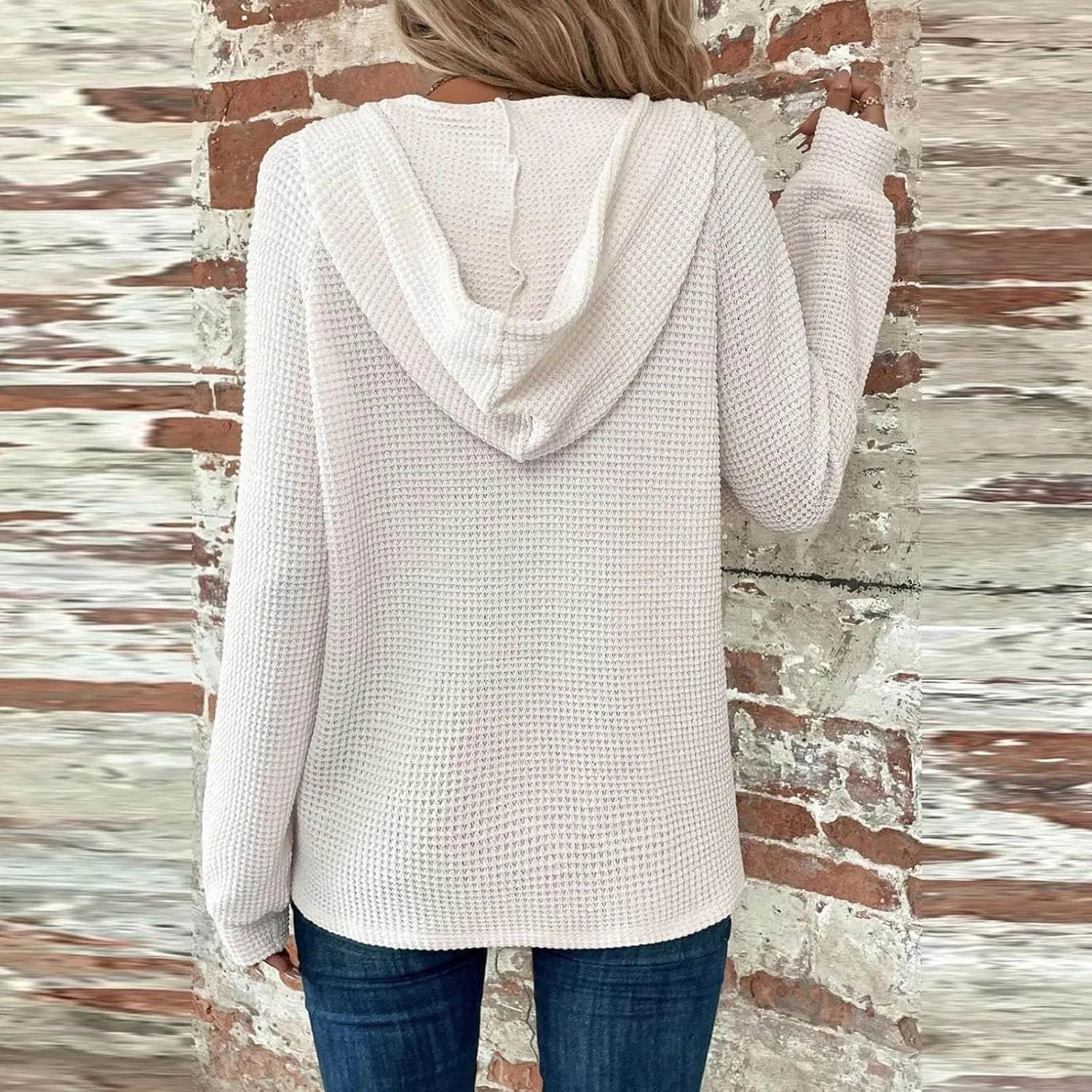 COTECRAM Hoodies for Women Waffle Knit Drawstring Button V Neck Long Sleeve Casual Pullover Sweatshirt Fashion Hooded Tops