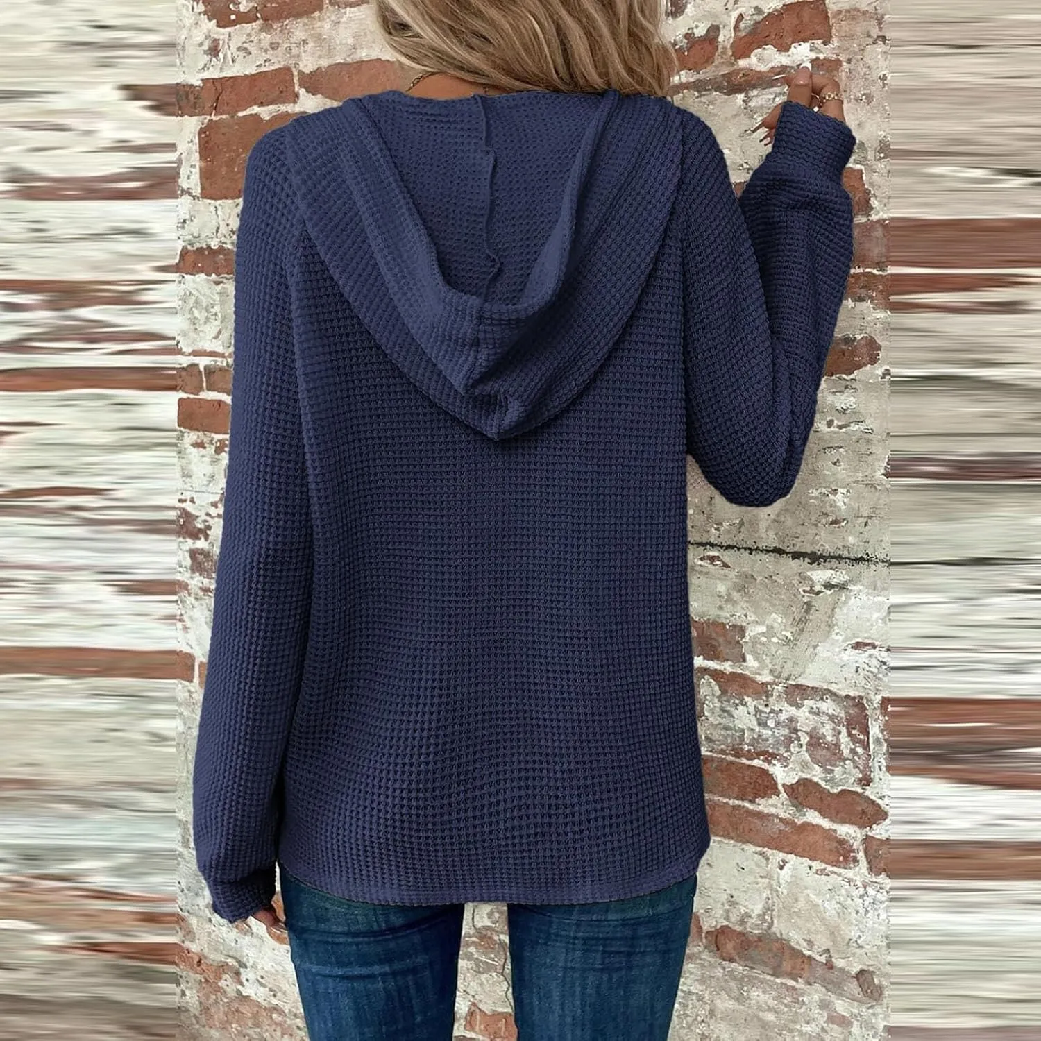COTECRAM Hoodies for Women Waffle Knit Drawstring Button V Neck Long Sleeve Casual Pullover Sweatshirt Fashion Hooded Tops