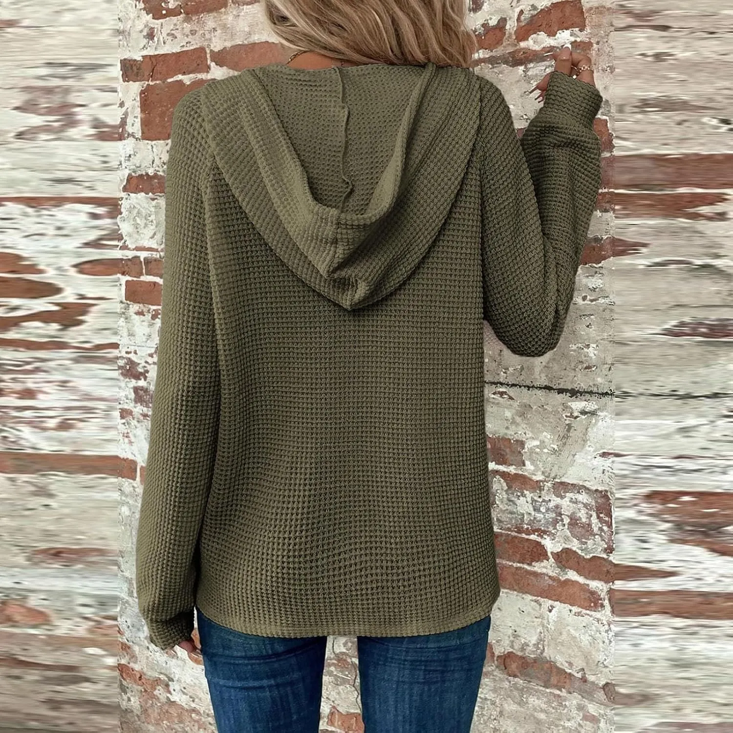 COTECRAM Hoodies for Women Waffle Knit Drawstring Button V Neck Long Sleeve Casual Pullover Sweatshirt Fashion Hooded Tops