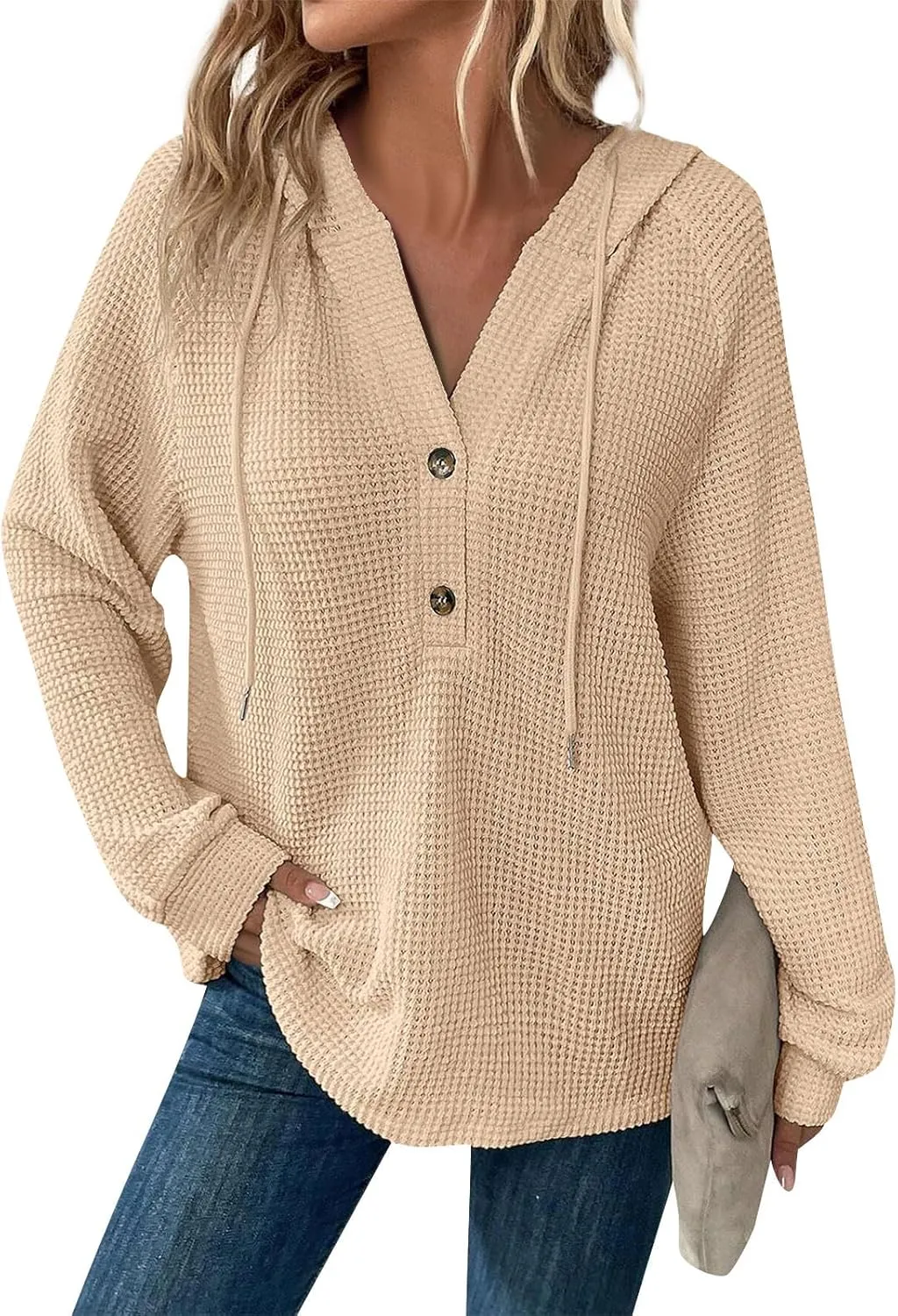 COTECRAM Hoodies for Women Waffle Knit Drawstring Button V Neck Long Sleeve Casual Pullover Sweatshirt Fashion Hooded Tops