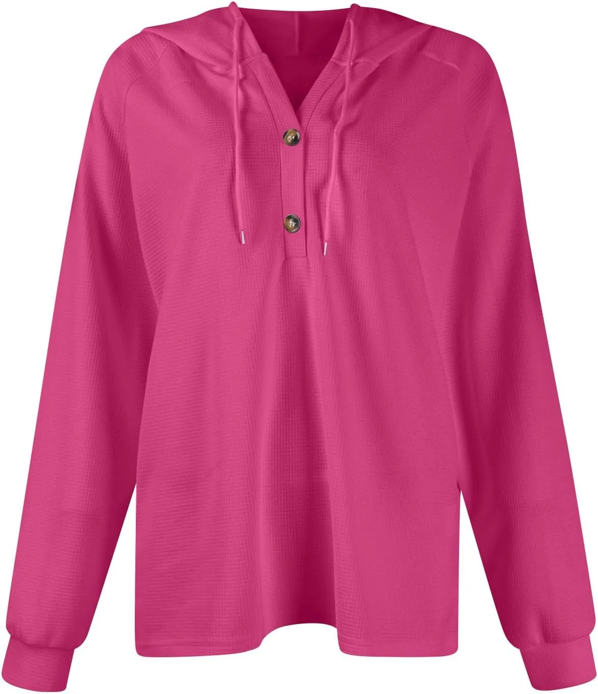 COTECRAM Hoodies for Women Waffle Knit Drawstring Button V Neck Long Sleeve Casual Pullover Sweatshirt Fashion Hooded Tops