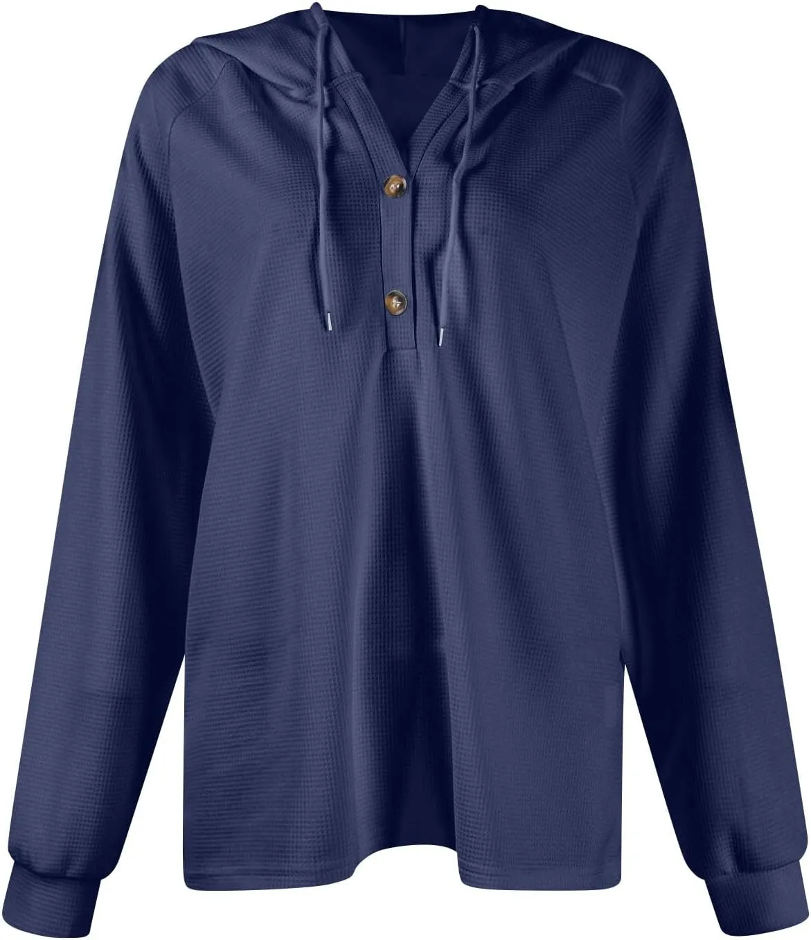 COTECRAM Hoodies for Women Waffle Knit Drawstring Button V Neck Long Sleeve Casual Pullover Sweatshirt Fashion Hooded Tops
