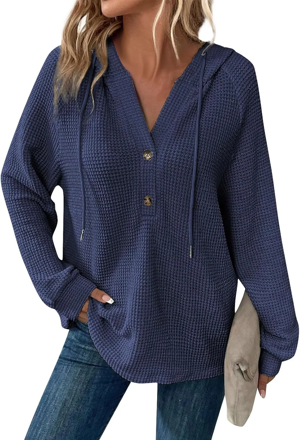 COTECRAM Hoodies for Women Waffle Knit Drawstring Button V Neck Long Sleeve Casual Pullover Sweatshirt Fashion Hooded Tops
