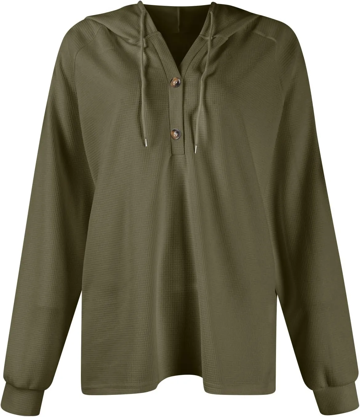 COTECRAM Hoodies for Women Waffle Knit Drawstring Button V Neck Long Sleeve Casual Pullover Sweatshirt Fashion Hooded Tops