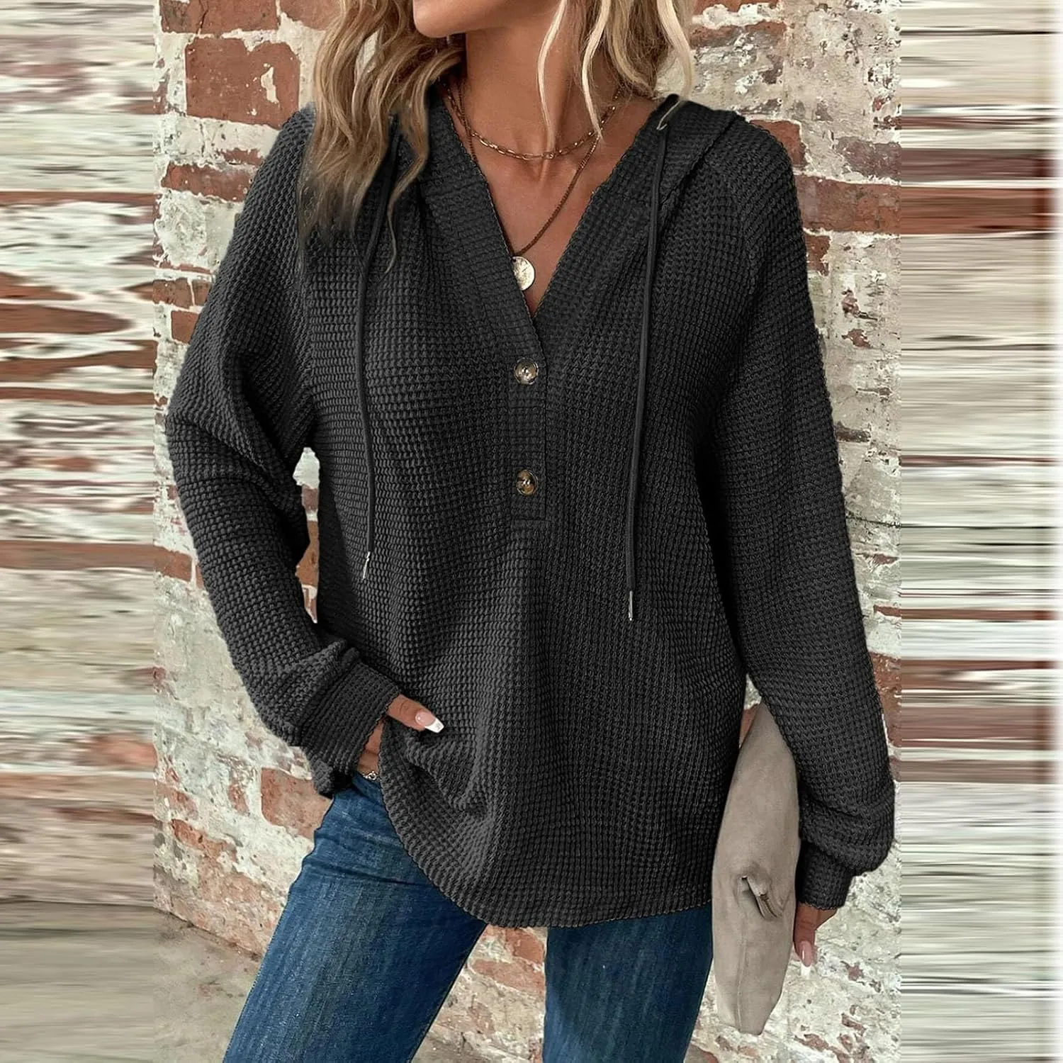 COTECRAM Hoodies for Women Waffle Knit Drawstring Button V Neck Long Sleeve Casual Pullover Sweatshirt Fashion Hooded Tops