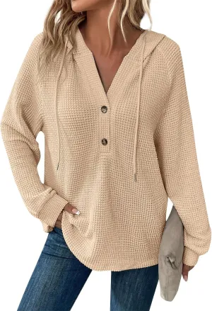 COTECRAM Hoodies for Women Waffle Knit Drawstring Button V Neck Long Sleeve Casual Pullover Sweatshirt Fashion Hooded Tops