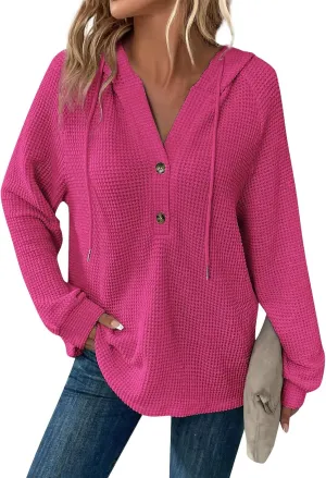 COTECRAM Hoodies for Women Waffle Knit Drawstring Button V Neck Long Sleeve Casual Pullover Sweatshirt Fashion Hooded Tops