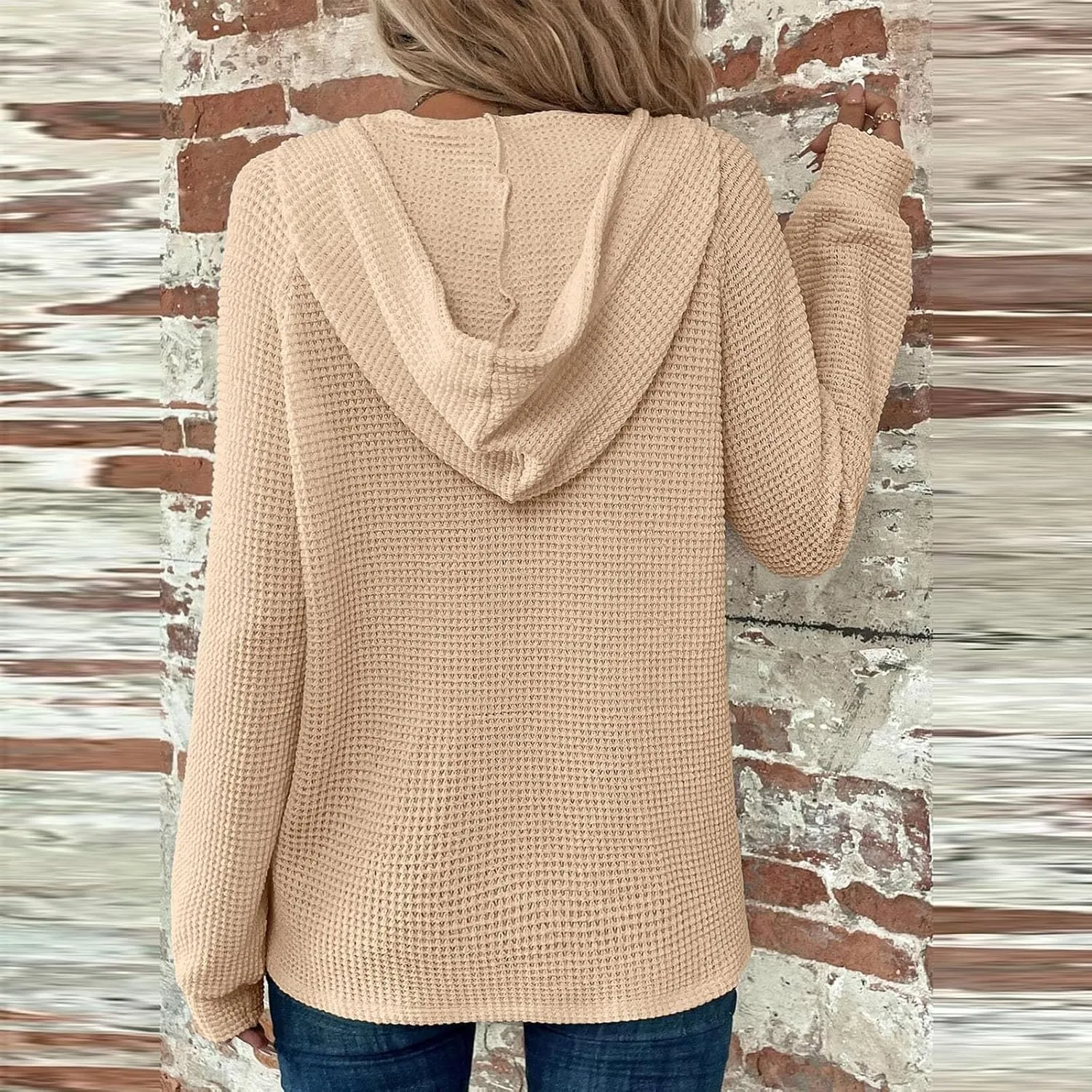 COTECRAM Hoodies for Women Waffle Knit Drawstring Button V Neck Long Sleeve Casual Pullover Sweatshirt Fashion Hooded Tops