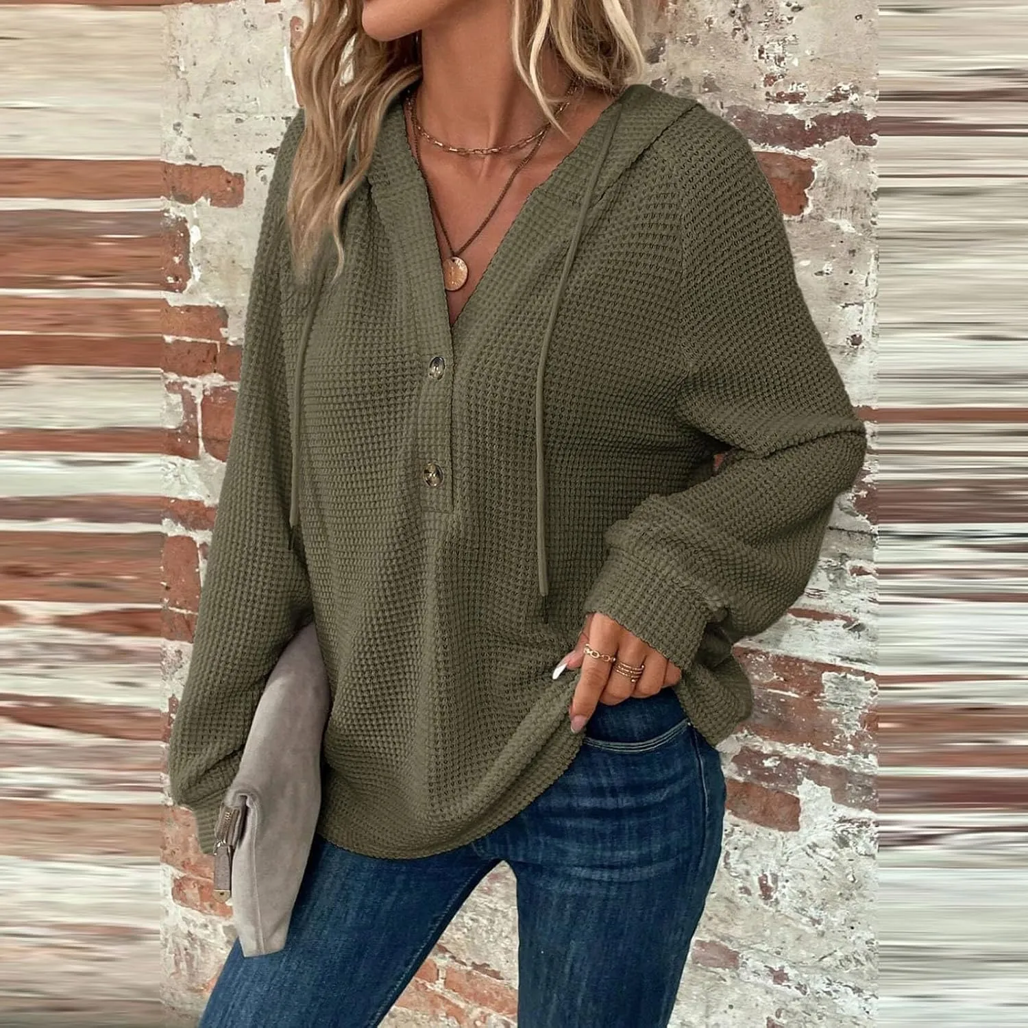 COTECRAM Hoodies for Women Waffle Knit Drawstring Button V Neck Long Sleeve Casual Pullover Sweatshirt Fashion Hooded Tops