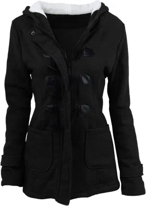 Cotton Jackets for Women 2024 Solid Horn Buttons Overcoat Hoodies Padded Wool Lined Hooded Long Sleeve Coat Jacket