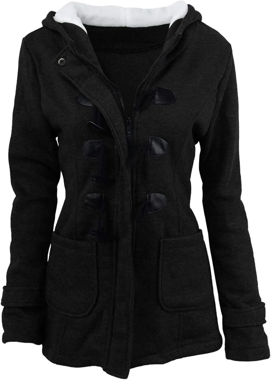 Cotton Jackets for Women 2024 Solid Horn Buttons Overcoat Hoodies Padded Wool Lined Hooded Long Sleeve Coat Jacket