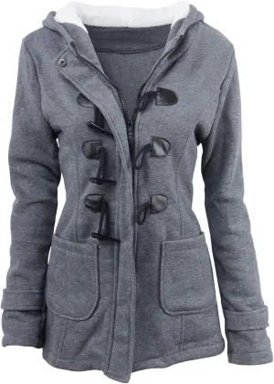 Cotton Jackets for Women 2024 Solid Horn Buttons Overcoat Hoodies Padded Wool Lined Hooded Long Sleeve Coat Jacket