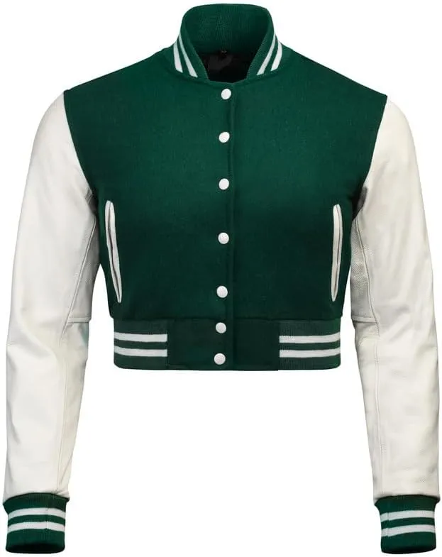 Cropped Varsity Jacket Women - Premium Quality Leather and Wool Baseball Letterman Jacket for Women's, Long Sleeve