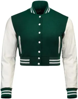 Cropped Varsity Jacket Women - Premium Quality Leather and Wool Baseball Letterman Jacket for Women's, Long Sleeve