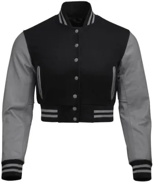 Cropped Varsity Jacket Women - Premium Quality Leather and Wool Baseball Letterman Jacket for Women's, Long Sleeve