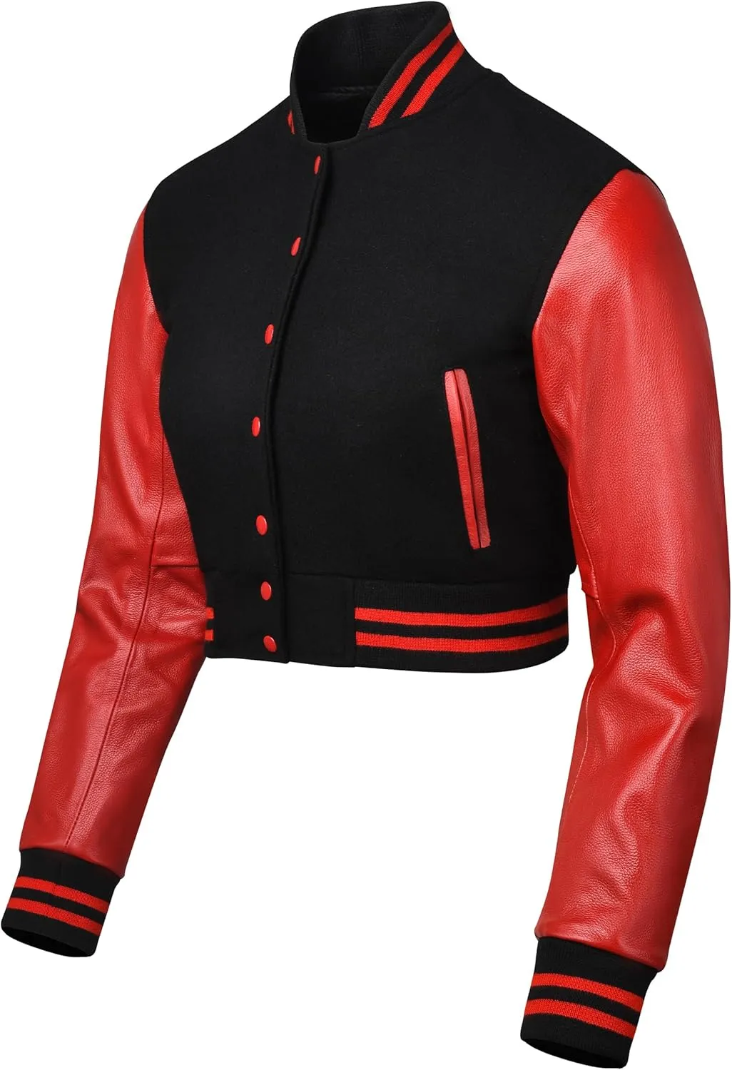 Cropped Varsity Jacket Women - Premium Quality Leather and Wool Baseball Letterman Jacket for Women's, Long Sleeve