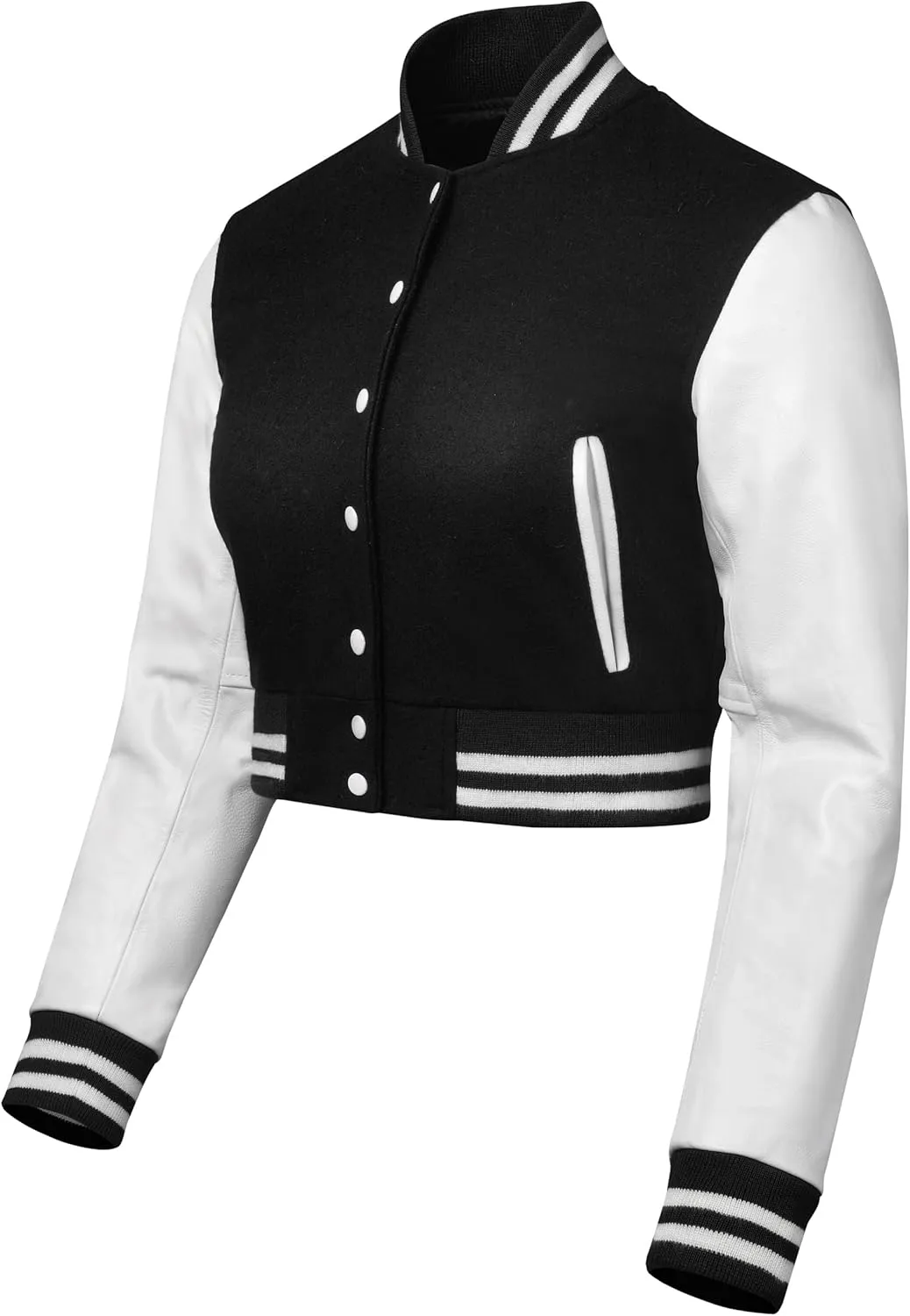 Cropped Varsity Jacket Women - Premium Quality Leather and Wool Baseball Letterman Jacket for Women's, Long Sleeve