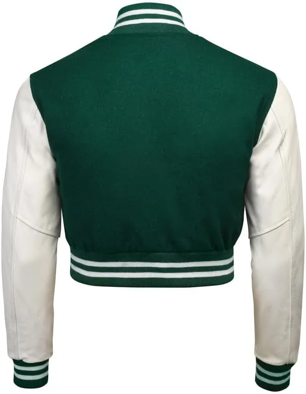 Cropped Varsity Jacket Women - Premium Quality Leather and Wool Baseball Letterman Jacket for Women's, Long Sleeve
