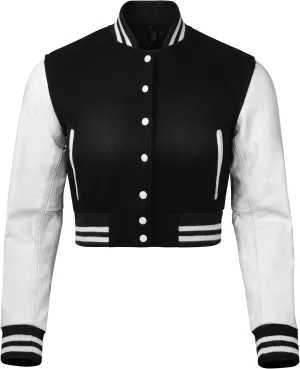 Cropped Varsity Jacket Women - Premium Quality Leather and Wool Baseball Letterman Jacket for Women's, Long Sleeve