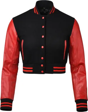 Cropped Varsity Jacket Women - Premium Quality Leather and Wool Baseball Letterman Jacket for Women's, Long Sleeve