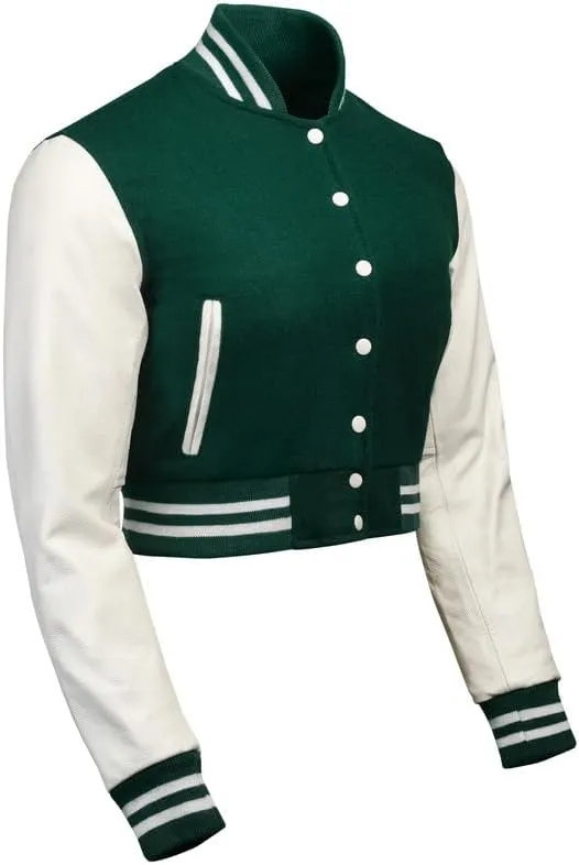 Cropped Varsity Jacket Women - Premium Quality Leather and Wool Baseball Letterman Jacket for Women's, Long Sleeve