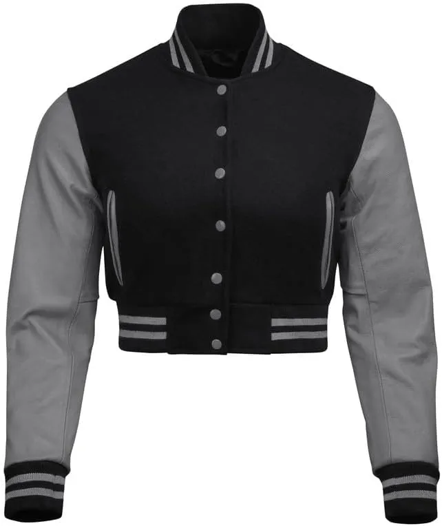 Cropped Varsity Jacket Women - Premium Quality Leather and Wool Baseball Letterman Jacket for Women's, Long Sleeve