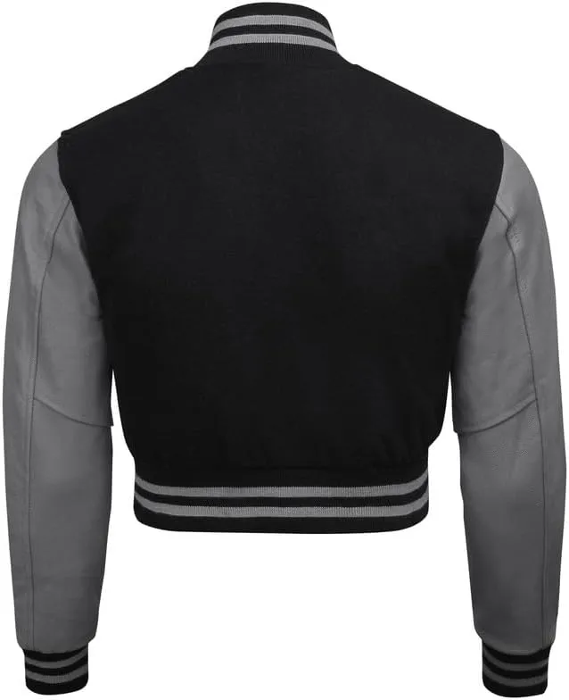 Cropped Varsity Jacket Women - Premium Quality Leather and Wool Baseball Letterman Jacket for Women's, Long Sleeve