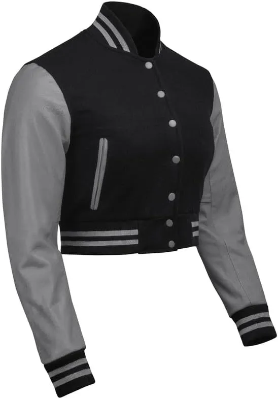 Cropped Varsity Jacket Women - Premium Quality Leather and Wool Baseball Letterman Jacket for Women's, Long Sleeve