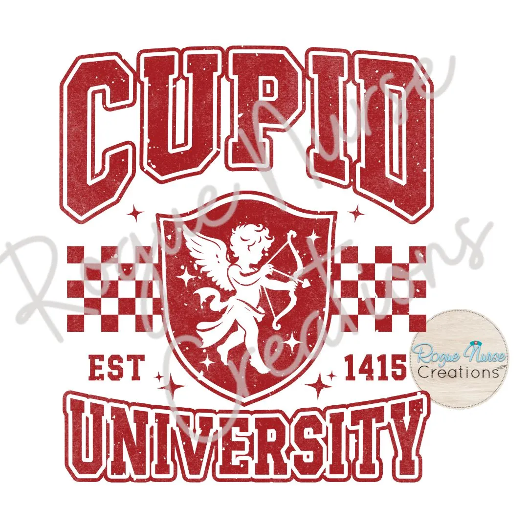 Cupid University Graphic T-Shirt, Sparkly looking Valentines Day T-Shirt, Valentines Day gift, Cute Cupid Varsity Style Graphic T-Shirt