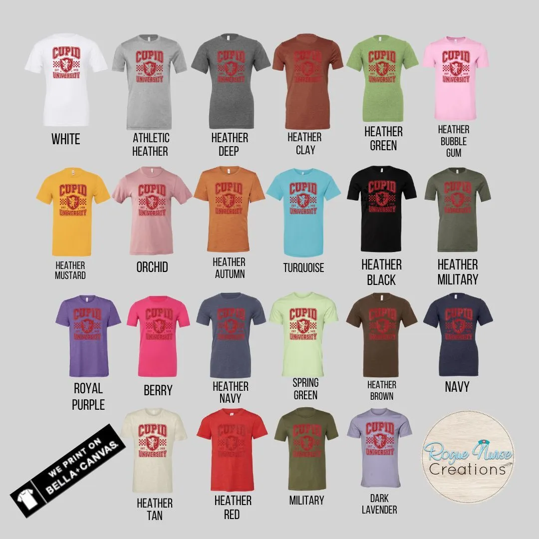 Cupid University Graphic T-Shirt, Sparkly looking Valentines Day T-Shirt, Valentines Day gift, Cute Cupid Varsity Style Graphic T-Shirt