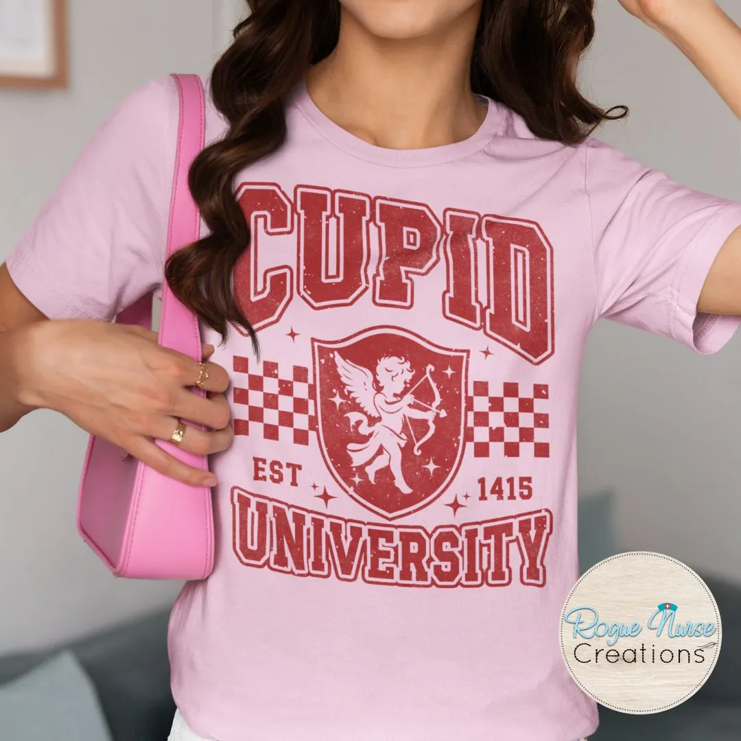 Cupid University Graphic T-Shirt, Sparkly looking Valentines Day T-Shirt, Valentines Day gift, Cute Cupid Varsity Style Graphic T-Shirt