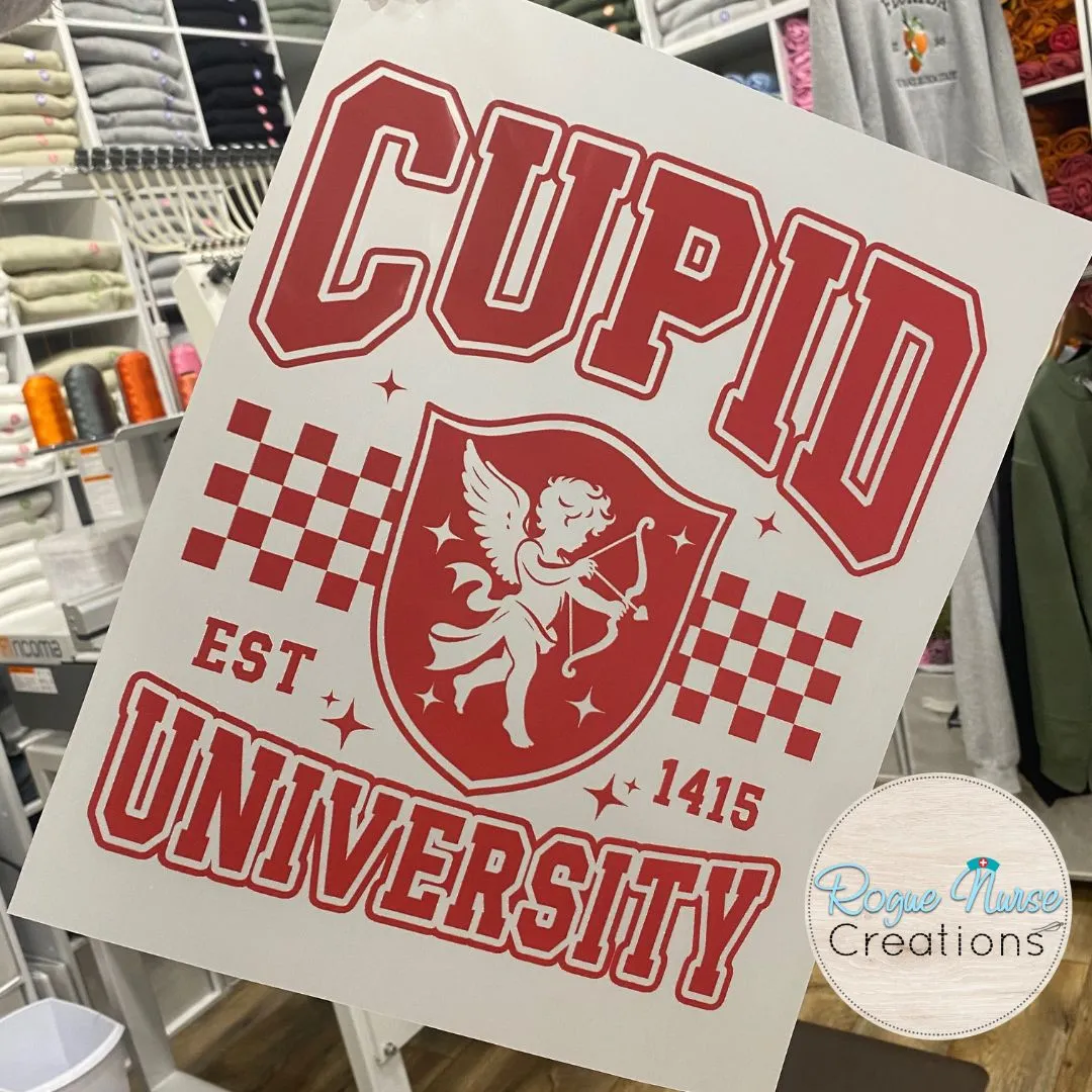 Cupid University Graphic T-Shirt, Sparkly looking Valentines Day T-Shirt, Valentines Day gift, Cute Cupid Varsity Style Graphic T-Shirt