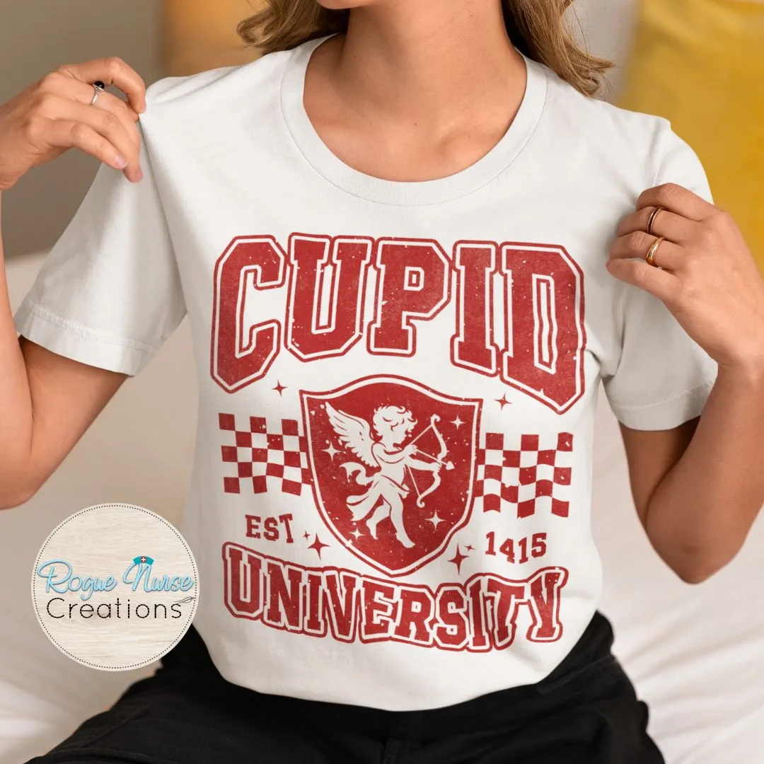 Cupid University Graphic T-Shirt, Sparkly looking Valentines Day T-Shirt, Valentines Day gift, Cute Cupid Varsity Style Graphic T-Shirt