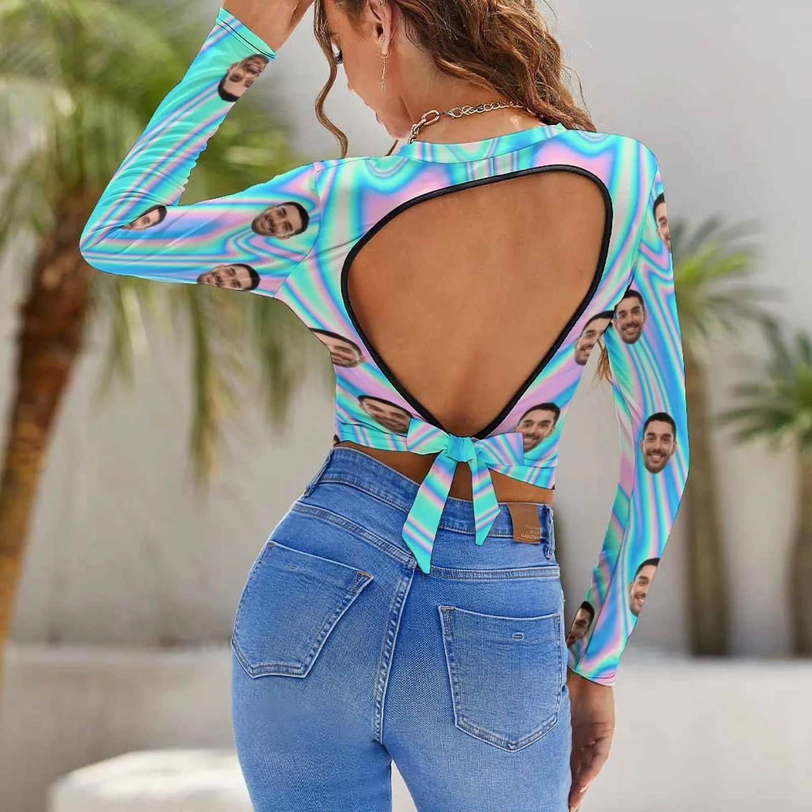 Custom Face Shirt Blue Halo Women's Backless T-shirt Graphic Design Tee for Female