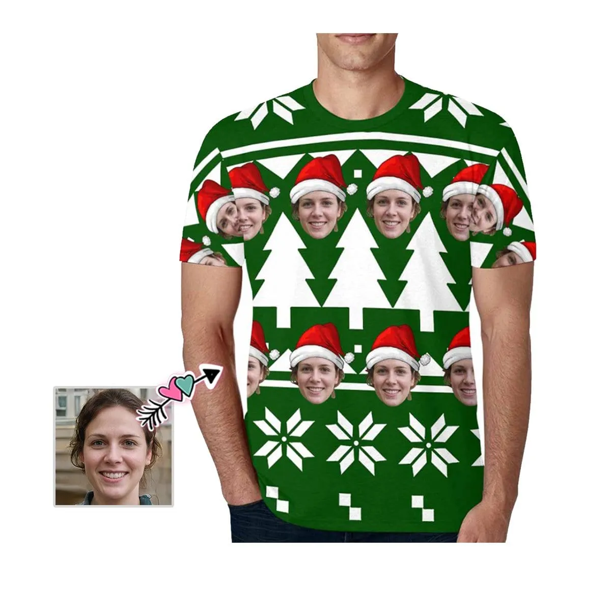 Custom Face Tee with Christmas Tree Print Your Own Personalized Shirts Men's All Over Print T-shirt for Him