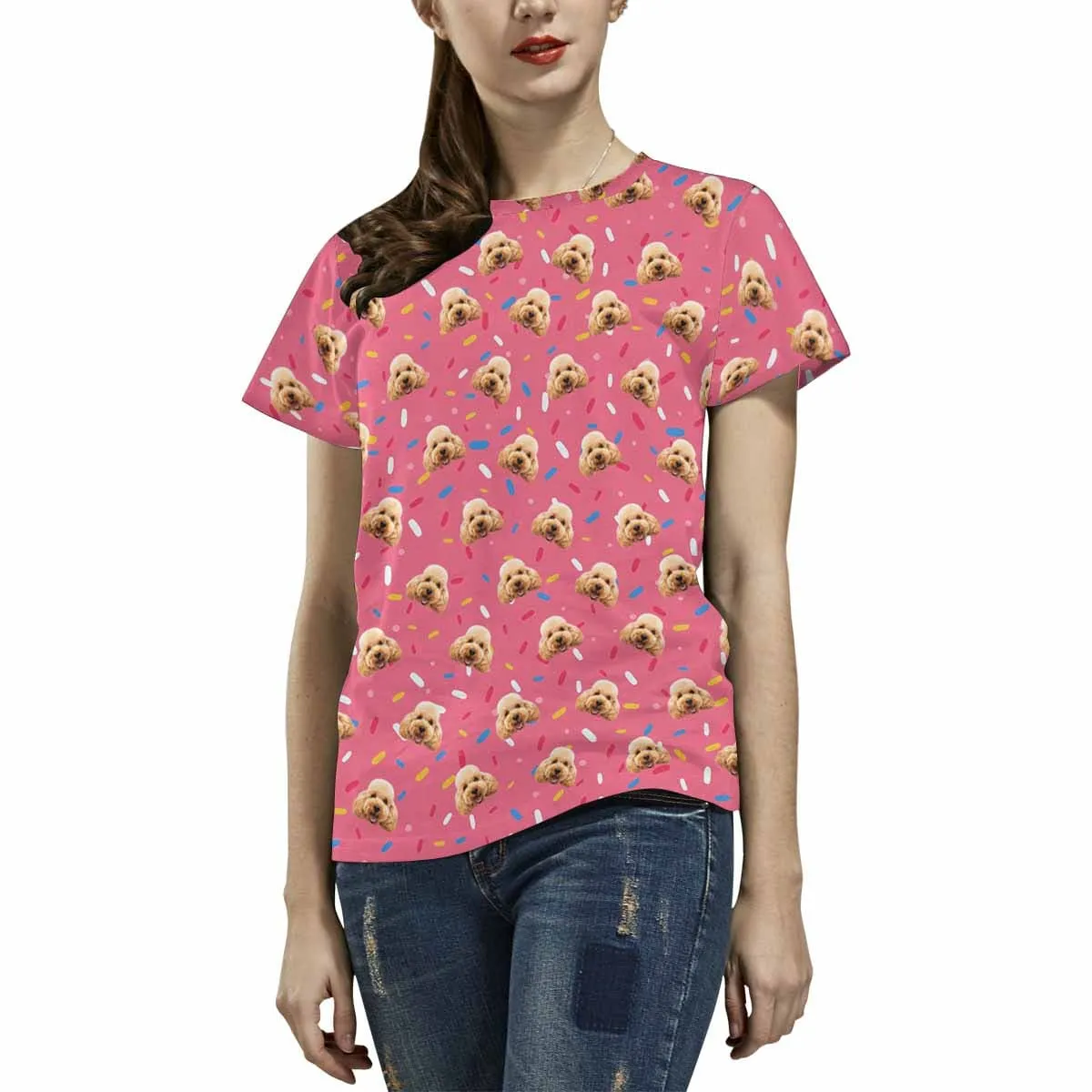 Custom Pet Face Shirts Pink Personalized Women's All Over Print T-shirt Gift for Her