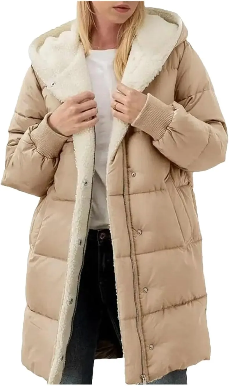 Dcvmvmn Women's Casual Down Jacket Thick Fleece Hooded Cotton Padded Coat Mid-Length Cotton Outwear Khaki