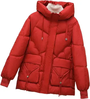Dcvmvmn Women's Down Cotton-Padded Jacket Loose Warm Cotton Padded Parkas Coat Winter Thick Bread Outwear Red