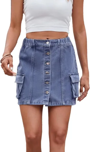 Denim Skirt for Women Cargo High Waisted Mini Jean Skirt Button Front A-Line Vintage Stretchy Cute Y2K Skirts