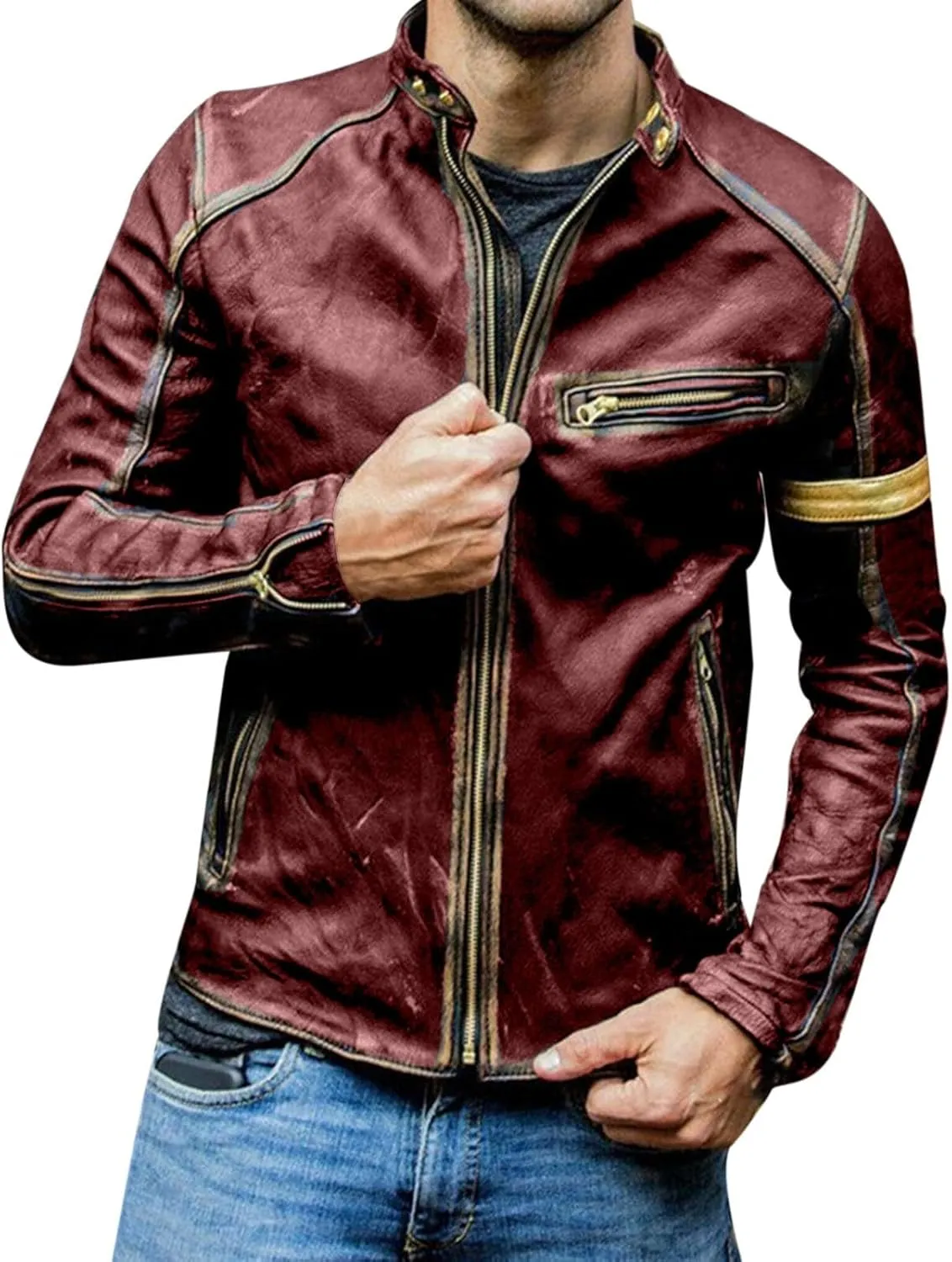 Distressed Motorcycle Jacket Men Faux Leather Slim Fit Zipper Winter Coat Vintage Lightweight Steampunk Biker Jacket
