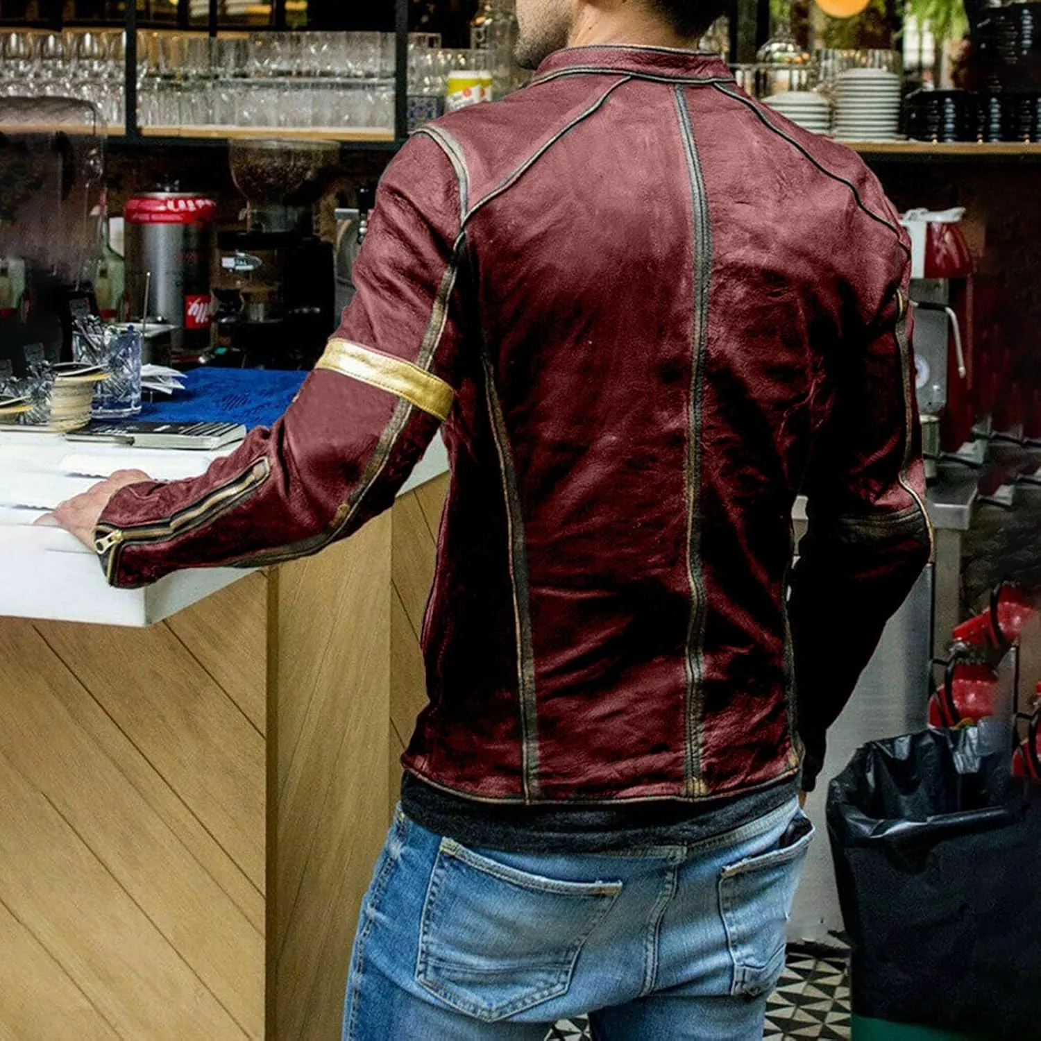 Distressed Motorcycle Jacket Men Faux Leather Slim Fit Zipper Winter Coat Vintage Lightweight Steampunk Biker Jacket