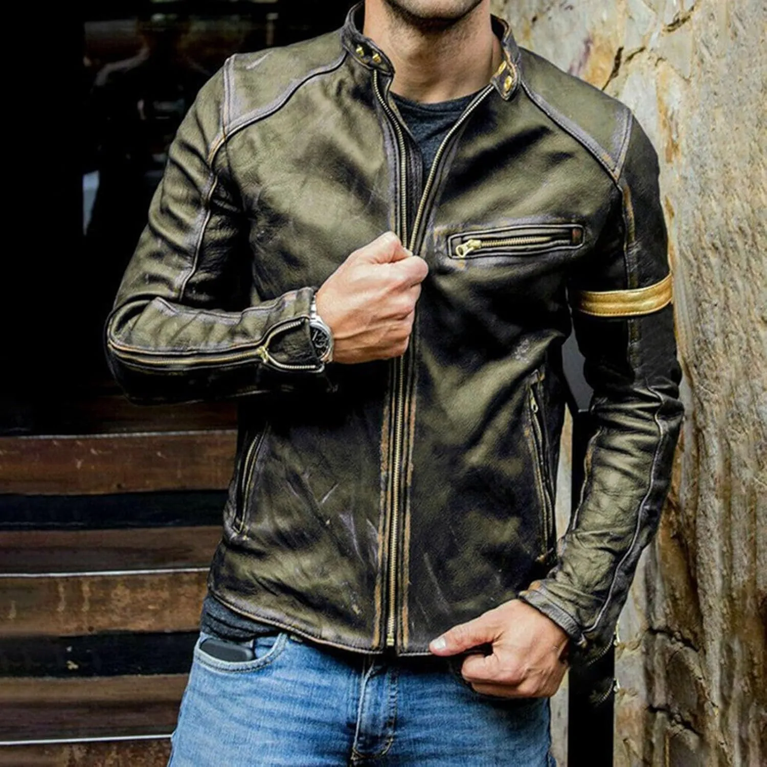 Distressed Motorcycle Jacket Men Faux Leather Slim Fit Zipper Winter Coat Vintage Lightweight Steampunk Biker Jacket