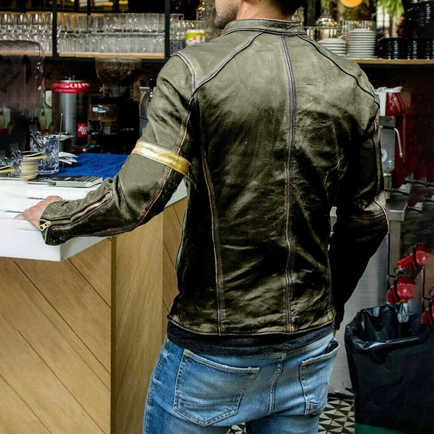 Distressed Motorcycle Jacket Men Faux Leather Slim Fit Zipper Winter Coat Vintage Lightweight Steampunk Biker Jacket