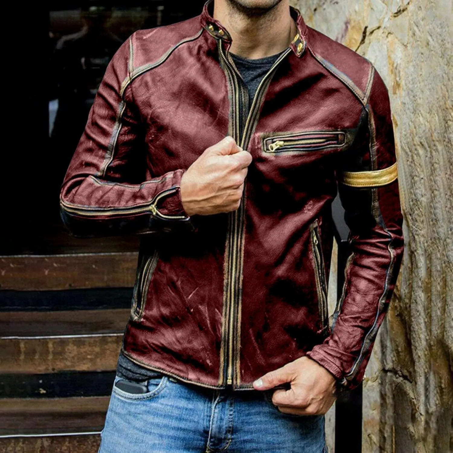 Distressed Motorcycle Jacket Men Faux Leather Slim Fit Zipper Winter Coat Vintage Lightweight Steampunk Biker Jacket