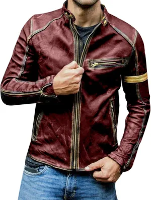 Distressed Motorcycle Jacket Men Faux Leather Slim Fit Zipper Winter Coat Vintage Lightweight Steampunk Biker Jacket