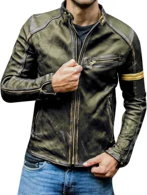 Distressed Motorcycle Jacket Men Faux Leather Slim Fit Zipper Winter Coat Vintage Lightweight Steampunk Biker Jacket