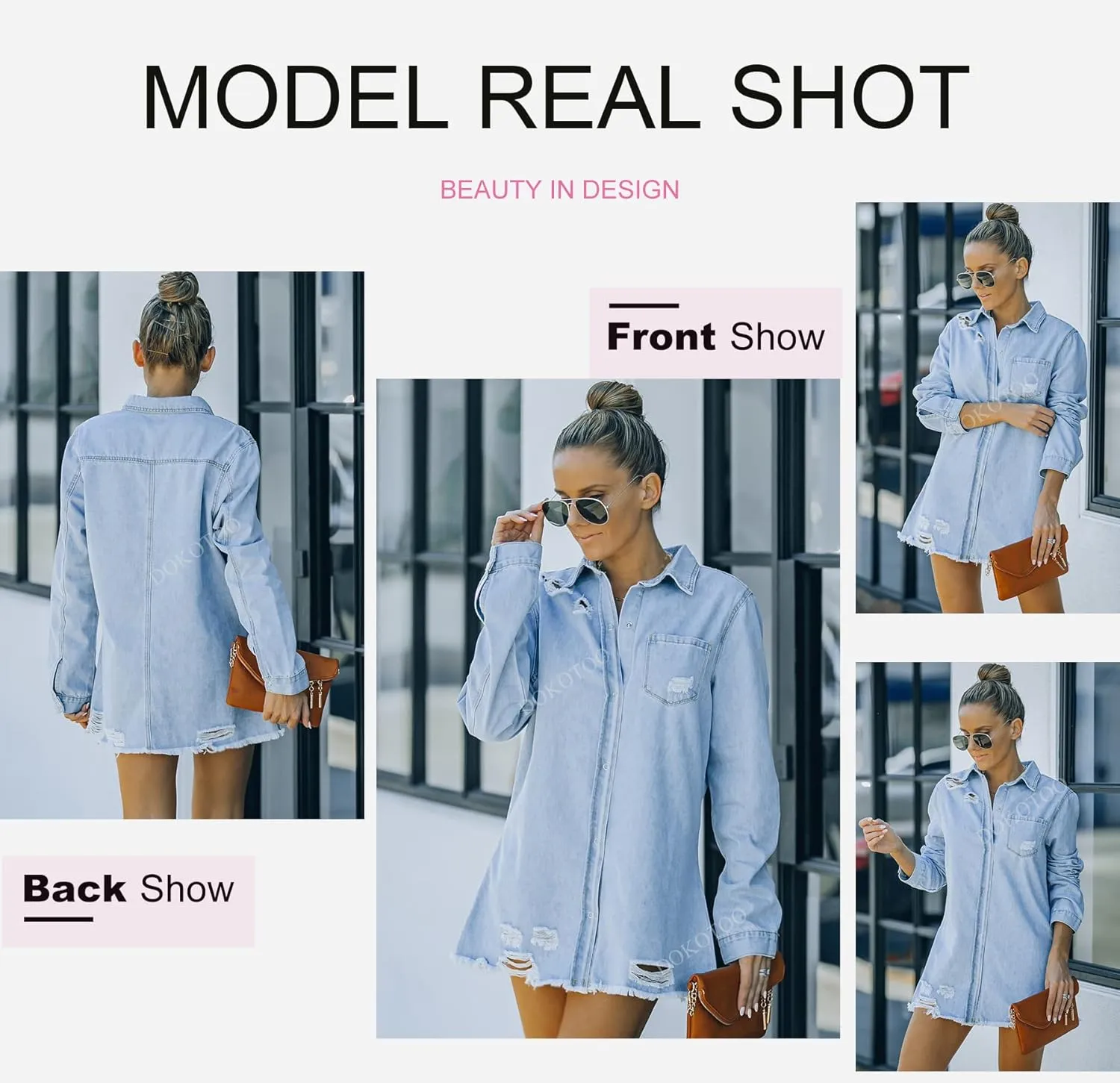 Dokotoo Women's Oversized Denim Jacket Casual Long Sleeve Denim Shirts Distresse Jean Jacket 2025 Spring Outfits