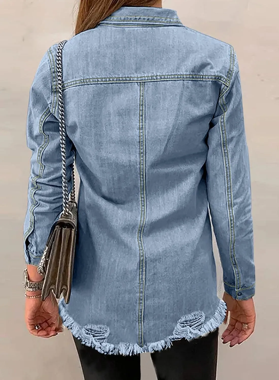 Dokotoo Women's Oversized Denim Jacket Casual Long Sleeve Denim Shirts Distresse Jean Jacket 2025 Spring Outfits