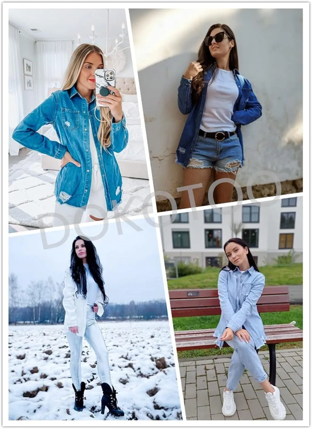 Dokotoo Women's Oversized Denim Jacket Casual Long Sleeve Denim Shirts Distresse Jean Jacket 2025 Spring Outfits
