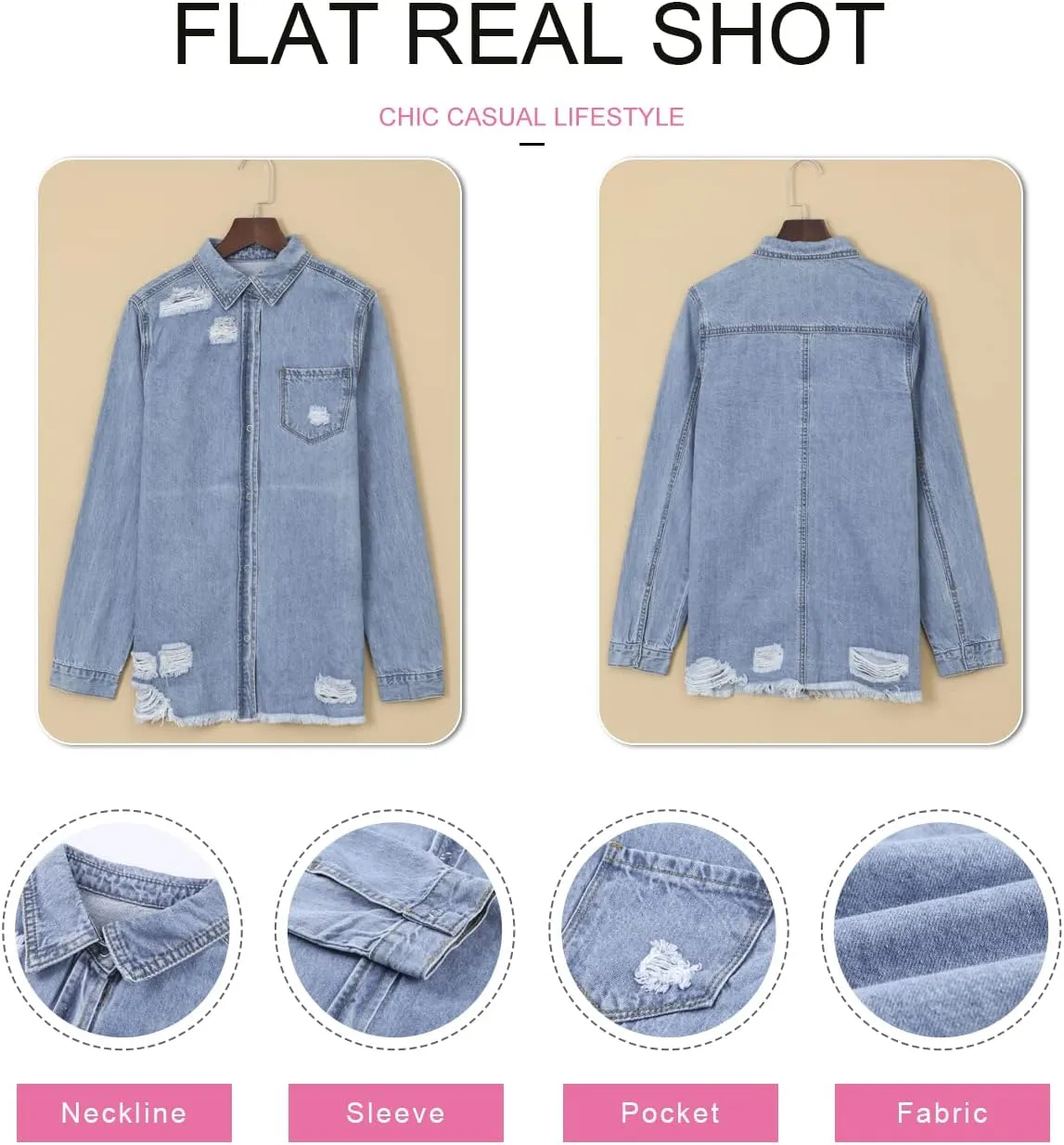 Dokotoo Women's Oversized Denim Jacket Casual Long Sleeve Denim Shirts Distresse Jean Jacket 2025 Spring Outfits
